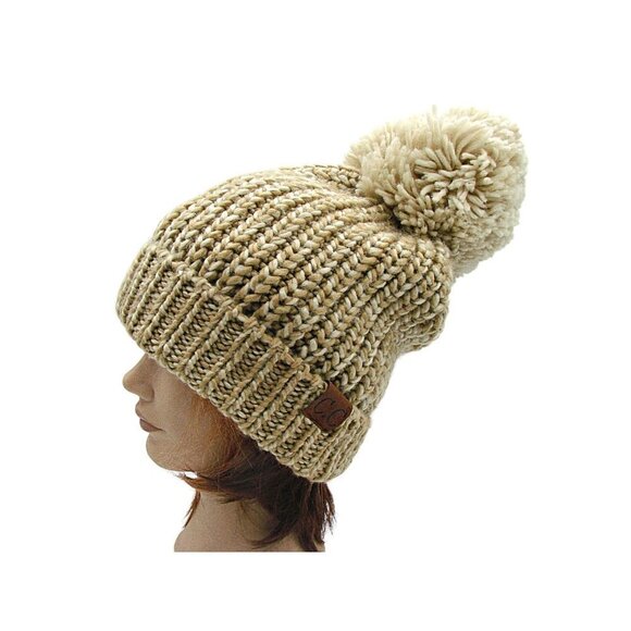 C.C Exclusives Pom Pom Beanie Hat Taupe Tan Chunky Yarn Knit Fold Over Warm OSFM - Picture 5 of 12